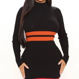 Black and Orange Bodycon Long Sleeve Mock Neck Dress